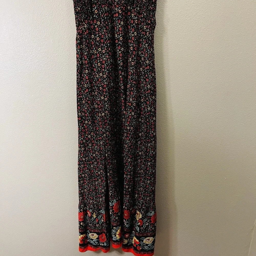 Dark Boho Maxi Floral Strap Dress Black‎ Smocked Multicolor Whimsygoth Size L